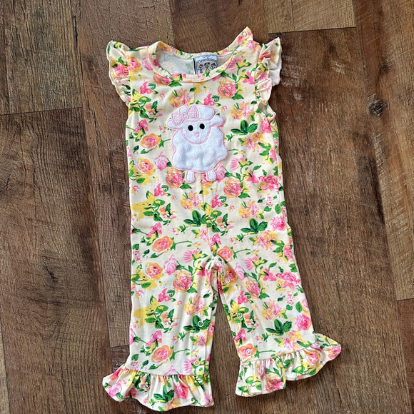 Baby Three Sisters Floral Ruffle Jumpsuit Romper 12 Months White Pink - Picture 3 of 14
